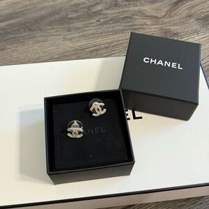 CHANEL Mini Silver CC Crystal Stud Earrings